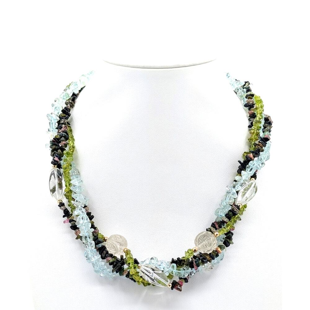 Torsade Strands Topaz Chip & Carved Peridot & Multi Gem Gold Tone Clasp Necklace